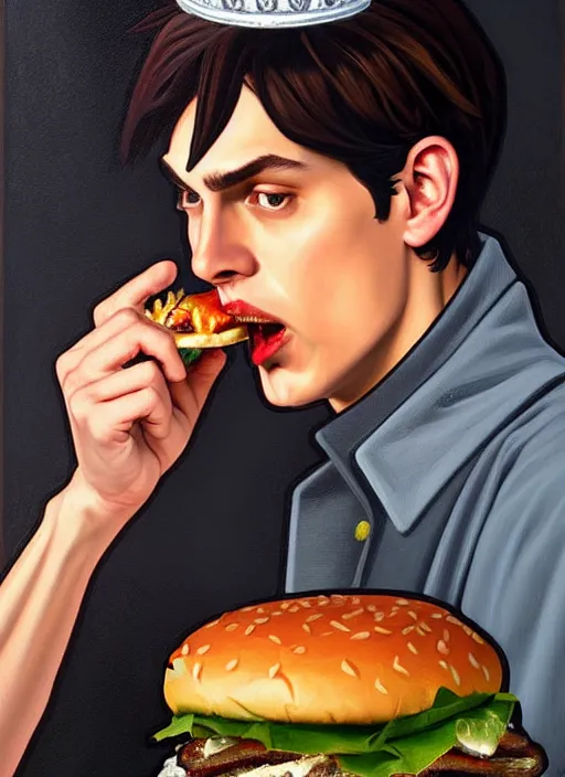 Image similar to oil painting, jughead jones wears a grey crown, and devours a hamburger, intricate, elegant, highly detailed, lighting, painting, artstation, smooth, illustration, art by greg rutowski and alphonse mucha