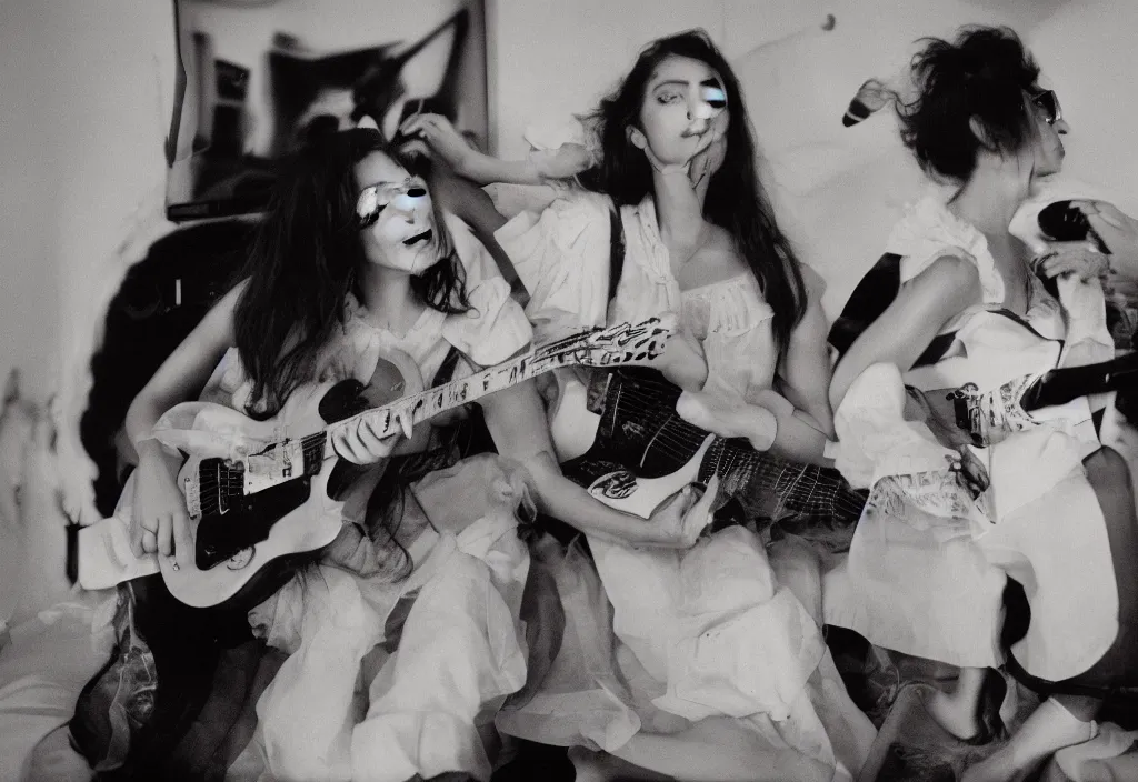 Image similar to hyperreal beautiful women playing guitar in front of a broken flat tv, 3 5 mm, cinestill, depth of field in the style of bruce weber