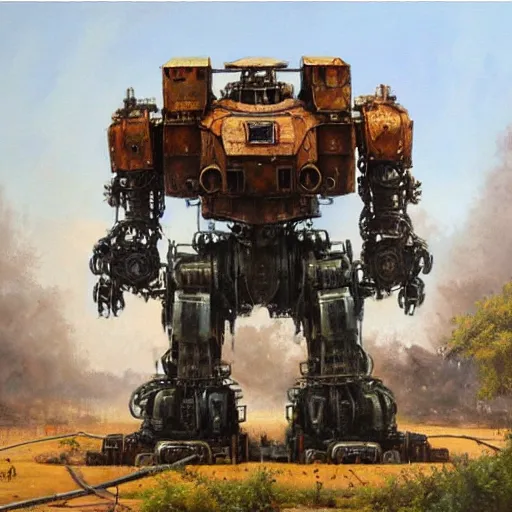 Prompt: oil painting of a huge rusting mech, that resembles a mechanical gorilla, highly detailed, complex, intricate by james gurney