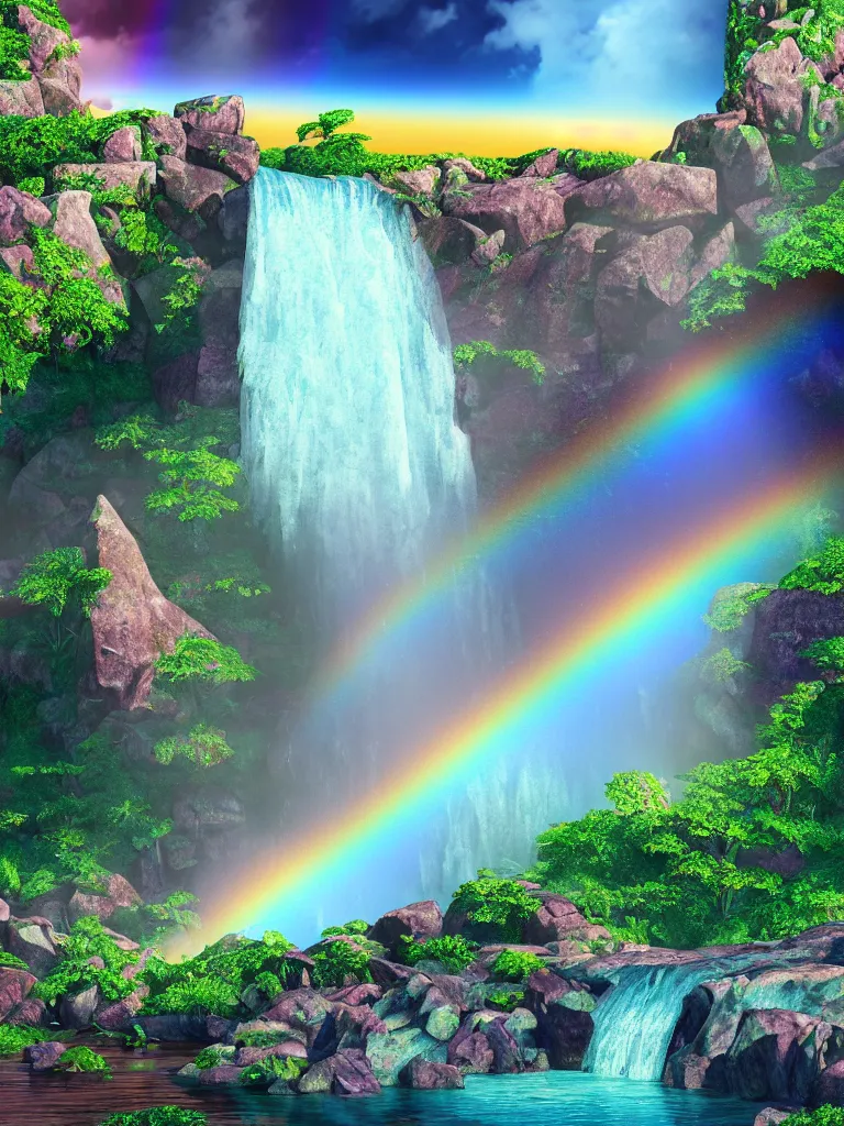 Prompt: artdeco illustration of waterfall cascading onto rocks, small rainbow emerging in background, ethereal, beautiful scenery, intricately meticulously detailed, amazing, glitter, 8 k render octane high definition