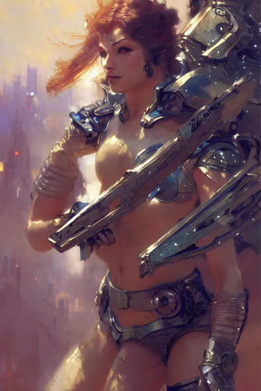 Image similar to futuristic women with medieval armor cyborg fighting dynamic poses, holding a gunsword, detail, beautifull face, no blur, painting by gaston bussiere, craig mullins, greg rutkowski, yoji shinkawa, sorayama