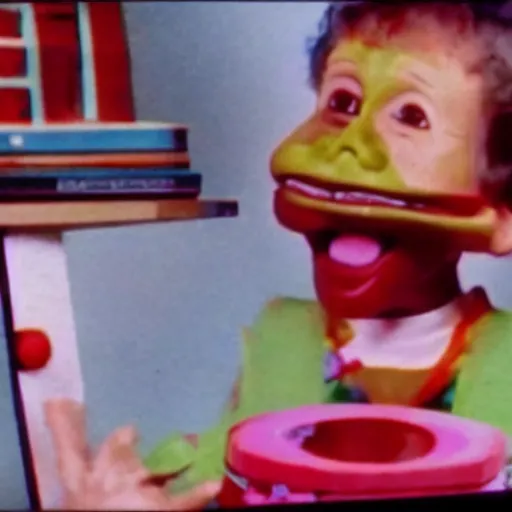 Prompt: vhs footage of an 8 0 s toy commercial where a kid is terrified of a possessed demonic toy