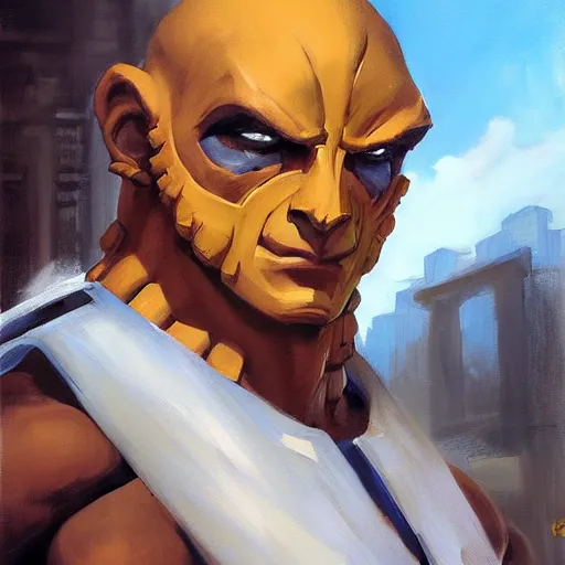 Image similar to greg manchess portrait painting of partially armored dhalsim from street fighter as overwatch character, medium shot, asymmetrical, profile picture, organic painting, sunny day, matte painting, bold shapes, hard edges, street art, trending on artstation, by huang guangjian and gil elvgren and gerald brom