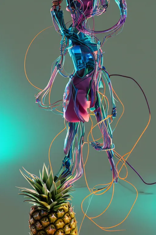 Prompt: epic 3 d abstract computer hacker, spinning hands and feet, 2 0 mm, with plum and teal peanut butter melting smoothly into asymmetrical succulents and pineapples, cpu, liquid cooled, wires, delicate, beautiful, intricate, houdini sidefx, trending on artstation, by jeremy mann, ilya kuvshinov, jamie hewlett and ayami kojima