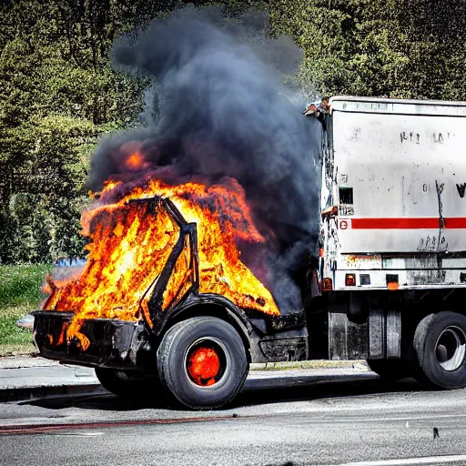Prompt: a burning garbage truck, photograph,-n 4