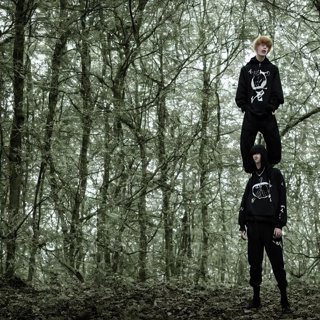 Image similar to cinematic still of bladee in dark forest, XF IQ4, f/1.4, ISO 200, 1/160s, 8K, RAW, dramatic lighting, symmetrical balance, in-frame