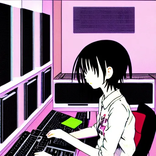 Prompt: full view of girl studying at her future computer, from serial experiments lain, style of yoshii chie and hikari shimoda and martine johanna and studio ghibli, highly detailed