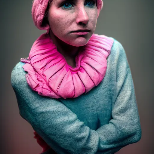 Image similar to photo of a woman. cyan and pink. moody and melanchonic.