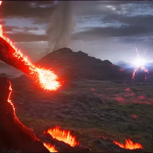 Image similar to epic battle between two wizards, lava in the background, cinematic, establishing shot