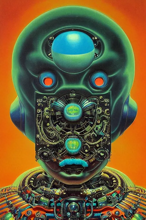 Prompt: retro boxy robot, lcd mouth, mustache, glowing blue green eyes, detailed realistic surreal groovypunk robot in full regal attire. face portrait. art nouveau, symbolist, visionary, baroque, giant fractal details. horizontal symmetry by zdzisław beksinski, gears, alphonse mucha. highly detailed, hyper - real, beautiful