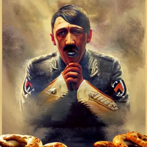 Image similar to hyperrealistic mixed media high resolution painting of James Franco disguised as Adolf Hitler eating a bagel, stunning 3d render inspired art by István Sándorfi and Greg Rutkowski and Unreal Engine, perfect facial symmetry, dim volumetric lighting, 8k octane beautifully detailed render, full body shot, post-processing, extremely hyper-detailed, intricate, epic composition, highly detailed attributes, highly detailed atmosphere, cinematic lighting, masterpiece, trending on artstation, very very detailed, masterpiece, stunning, flawless structure, lifelike texture, perfection,