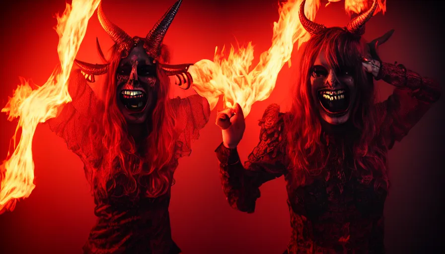 Prompt: portrait of a beatuiful sinister laughing woman with horns made of flames in gothic attire, horror, creepy vibe, looking into the camera, nightmare fuel, studio photography, studio lighting, realistic render, octane render, 4 k, 8 k, face in focus