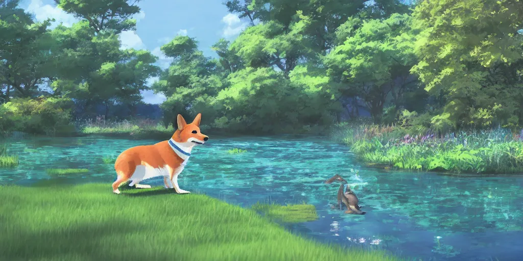 Prompt: A singular corgi by the pond, there is blue sky, there is water splash, the atmosphere is cheerful, the colors are bright, high picture quality, by Makoto Shinkai