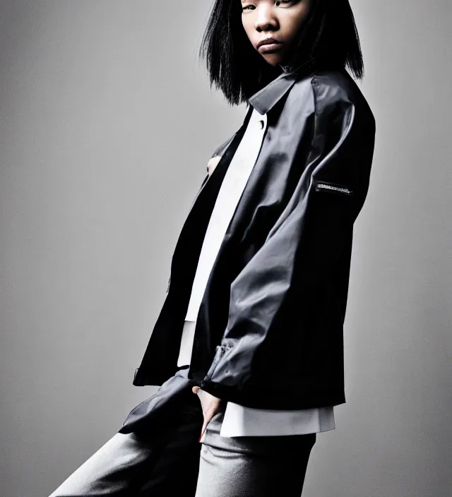 Prompt: realistic photoshooting for a new balenciaga lookbook color film photography portrait of a beautiful woman model cassandra cain wearing a workwear jacket, photo in style of tyler mitchell