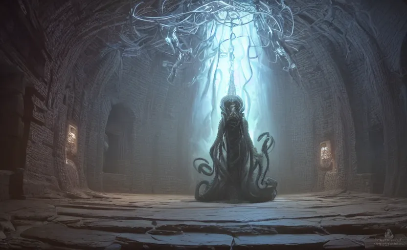 Image similar to priest in front of singular portal hell gate a realistic lovecraft cthulhu creature, filaments, translucent, photorealistic, hyperrealism, high resolution, ultra - detailed, by marc simonetti, natural volumetric lighting, realistic 4 k octane beautifully detailed render, 4 k post, vivid colors