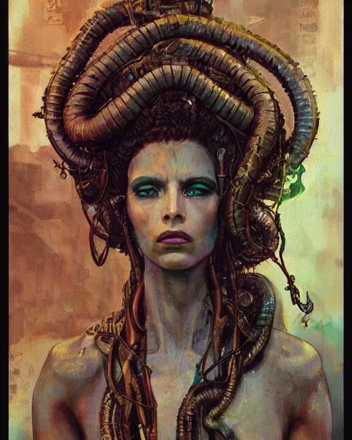 Image similar to portrait of a cyberpunk medusa by greg rutkowski in the style of egon schiele