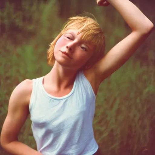 Prompt: beautiful young woman, short hair, tank top, arms raised above her head, cottagecore, razorfree, hippie, naturist, portrait photography, portra 800