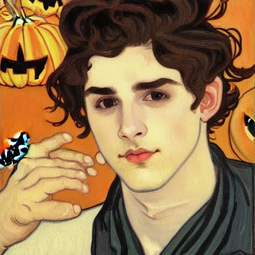 Image similar to painting of young cute handsome beautiful dark medium wavy hair man in his 2 0 s named shadow taehyung at the halloween pumpkin jack o'lantern party, depressed, melancholy, autumn, japan, elegant, clear, painting, stylized, delicate, soft facial features, delicate facial features, soft art, art by alphonse mucha, vincent van gogh, egon schiele