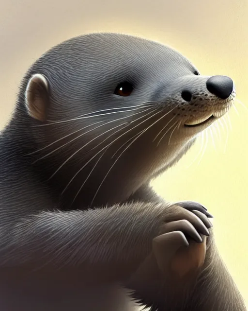 Image similar to character concept art of a cute young male grey anthropomorphic gray furry otter | | cute - fine - face, pretty face, key visual, realistic shaded perfect face, fine details by stanley artgerm lau, wlop, rossdraws, james jean, andrei riabovitchev, marc simonetti, and sakimichan, trending on artstation