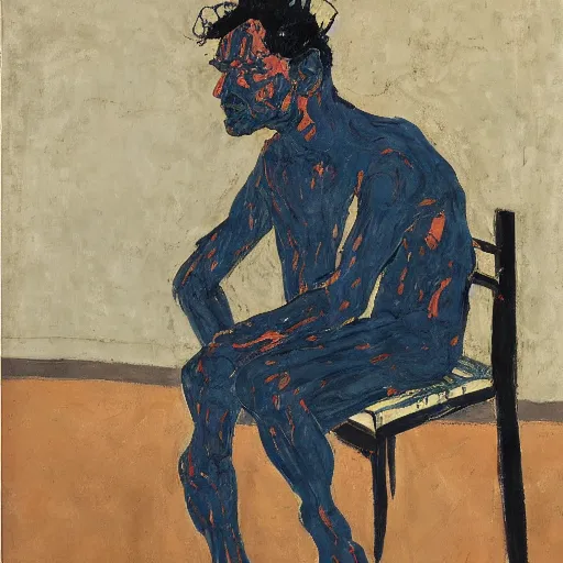 Prompt: painting of a man sitting on a chair, staring at you with an intense expression, by georg baselitz