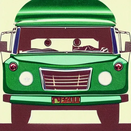 Image similar to a japanese print of a gorillaz album cover, green pickup car, art by akira toriyama.