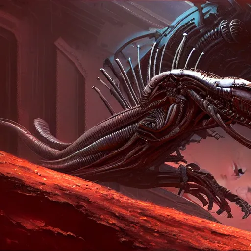 Prompt: small xenomorph, intricate, elegant, volumetric lighting, scenery, digital painting, highly detailed, artstation, sharp focus, illustration, concept art, luis rollo, mario feng, john berkey