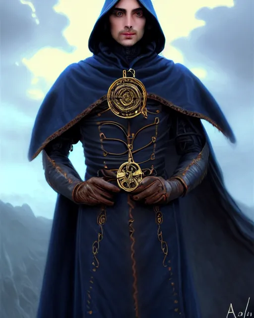 Image similar to handsome male using a mechanical astrolabe device, long black hair blue eyes wearing cloth mantle gothic navy cloak with leather details, cliffside town, fantasy character portrait, ultrarealistic, intricate details, elegant, cinematic lighting, highly detailed, artstation, cgsociety, sharp focus, beautiful digital painting by artgerm, gerald brom, wlop, alphonse mucha