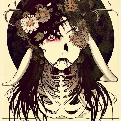 Image similar to anime manga skull portrait girl female skeleton hair illustration detailed ballon emoji patterns in background art Geof Darrow and Phil hale and Ashley wood and Ilya repin alphonse mucha pop art nouveau