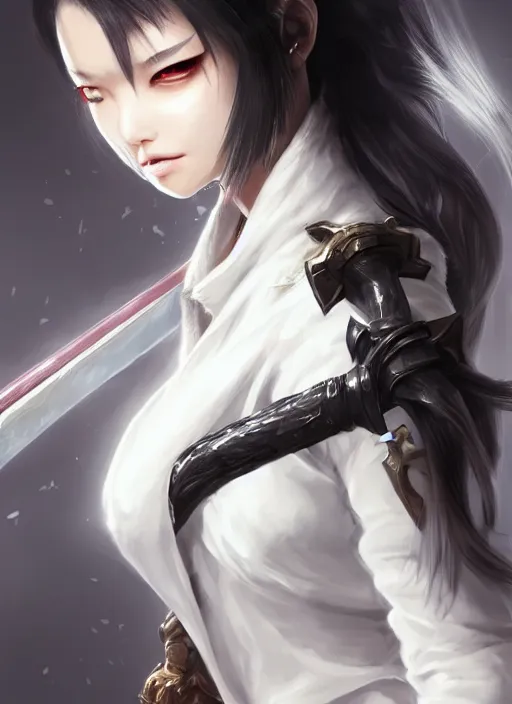 Image similar to a highly detailed illustration of fierce messy ponytail black haired one eyed japanese woman wearing long white coat, wearing eyepatch, dramatic wielding paper sword pose, intricate, elegant, highly detailed, centered, digital painting, artstation, concept art, smooth, sharp focus, league of legends concept art, wlop.