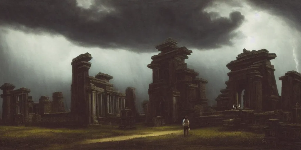 Prompt: 2 1 savage, shadow of the colossus, in front of a temple, at chicago, storm clouds, dramatic lighting, hudson river school