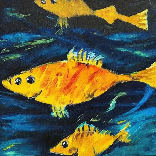 Prompt: “yellow fish by boat oil panting”