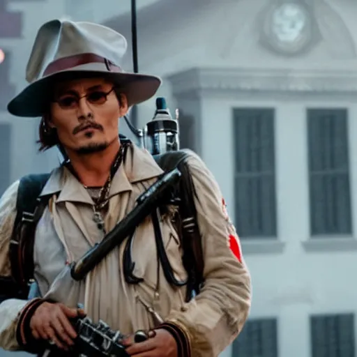 Image similar to Johnny Depp playing a Ghostbuster in the movie Ghostbusters 8k hdr movie still