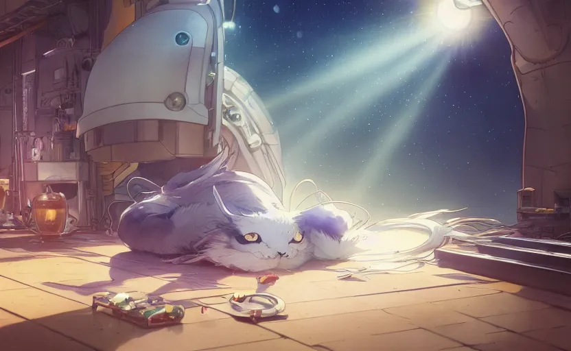 Image similar to an anime alien space cat sleeping on a mechanics workbench in a spaceport in a musical fantasy space opera ghibli animated film, volumetric lighting, octane render by stanley artgerm lau, greg rutkowski, studio ghibli, alphonse mucha, loish, norman rockwel, highly detailed, warm lighting, lens flare