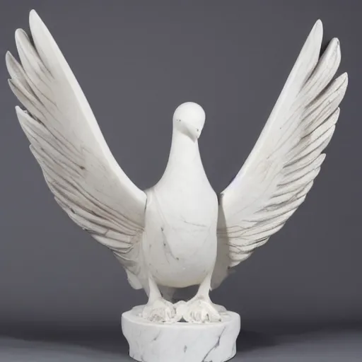 Prompt: sculpture of a white dove with wings extended in marble with veins