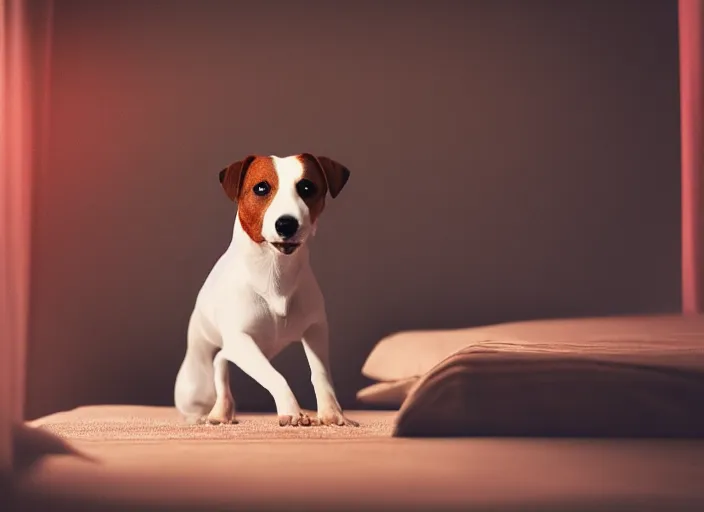 Image similar to photography of a jack russel. watching outside the window. on a bed. in a vintage room full of vinyls and posters, volumetric light, photorealistic, award winning photo, 1 0 0 mm, sharp, high res