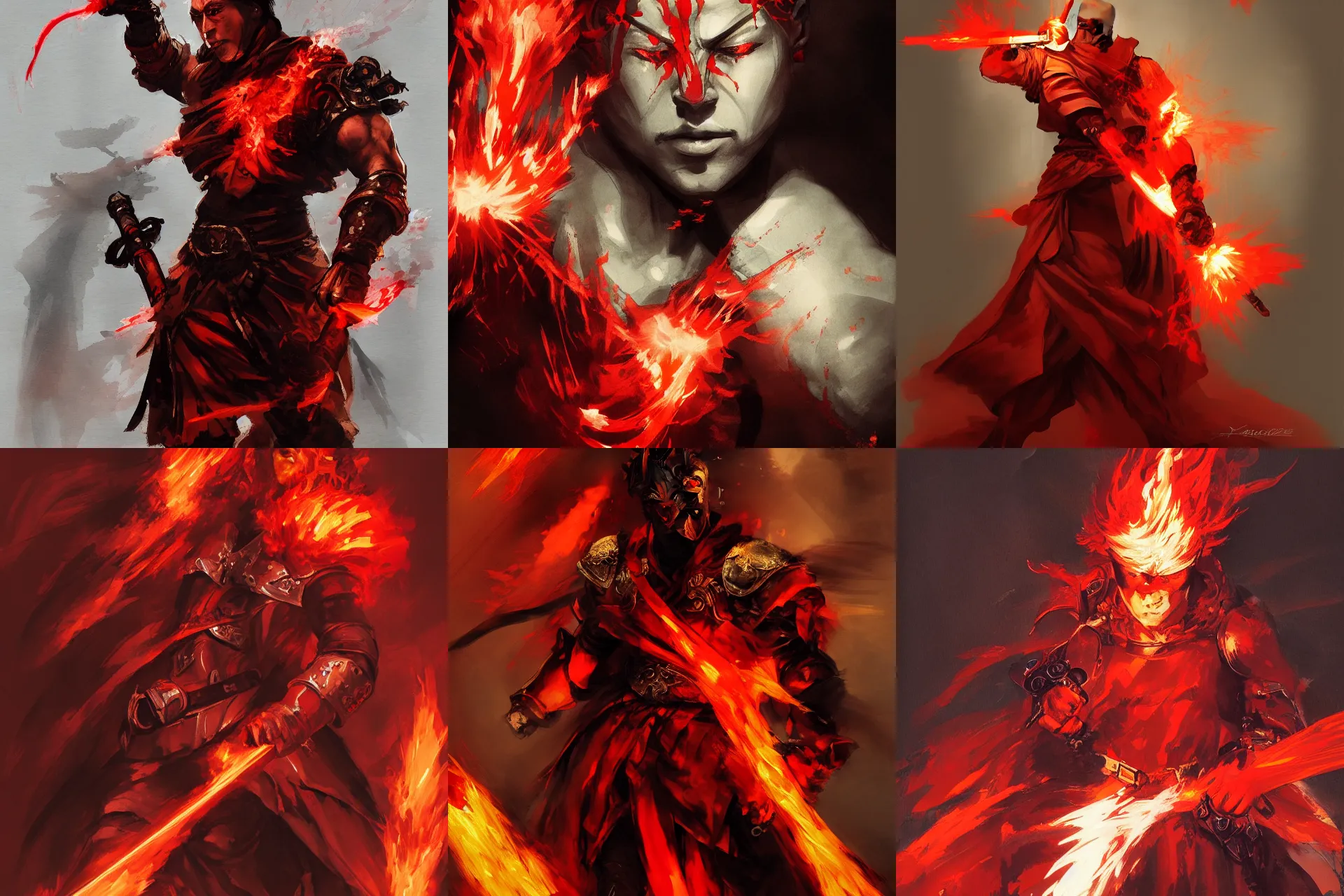 Prompt: a beautiful painting of a monk in red-hot armor wielding two flaming swords by Yoji Shinkawa, Dota, heavy line work, chiaroscuro lighting, beautiful and cool. Trending on ArtStation