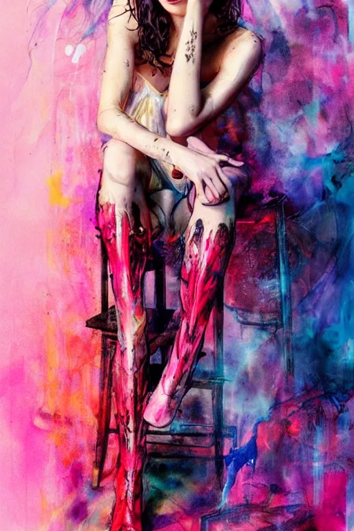 Image similar to gal gadot by agnes cecile enki bilal moebius, intricated details, sitting on a stool, full body portrait, extremely luminous bright design, pastel colours, drips, autumn lights