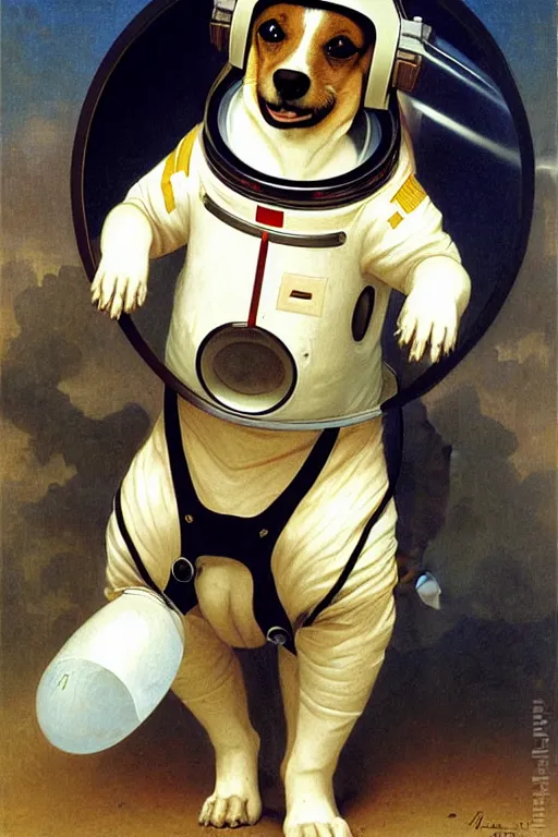 Image similar to portrait of a dog astronaut, wearing an astronaut helmet, by bouguereau