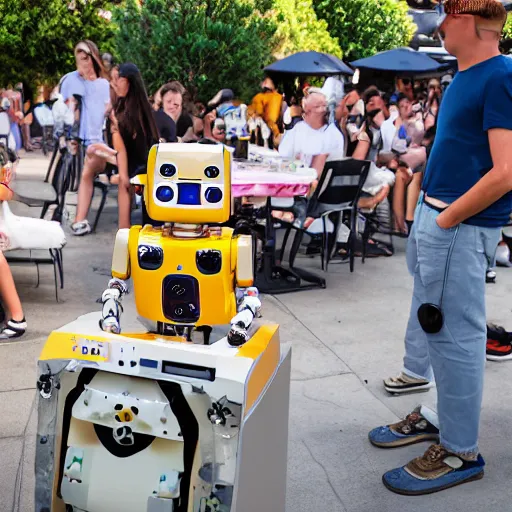 Prompt: LOS ANGELES, CA July 7 2025: Happy Open-Source Self-Aware Robot Convention, Cute Robots Barbeque For Attendants