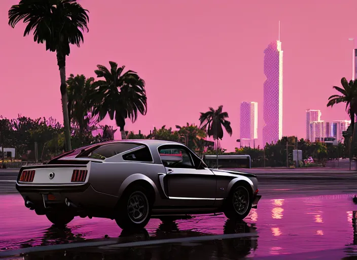 Image similar to still next - gen ps 5 game grand theft auto 6 2 0 2 4 remaster, graphics mods, rain, red sunset, people, rtx reflections, gta vi, miami, palms and miami buildings, photorealistic screenshot, unreal engine, 4 k, 5 0 mm bokeh, close - up ford mustang, gta vice city remastered, artstation