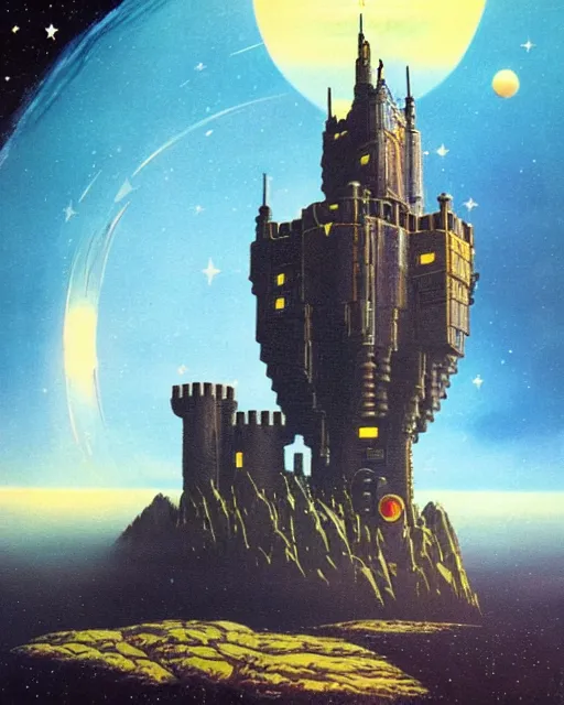 Prompt: a castle in outer space in the style of chris foss and rodger dean