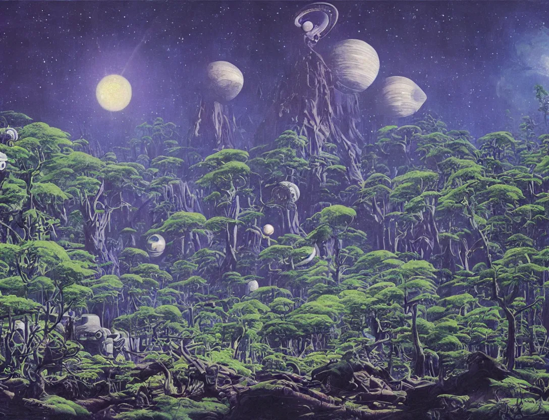 Image similar to a lush alien forest on a moon orbiting a gas giant!! by robert mccall