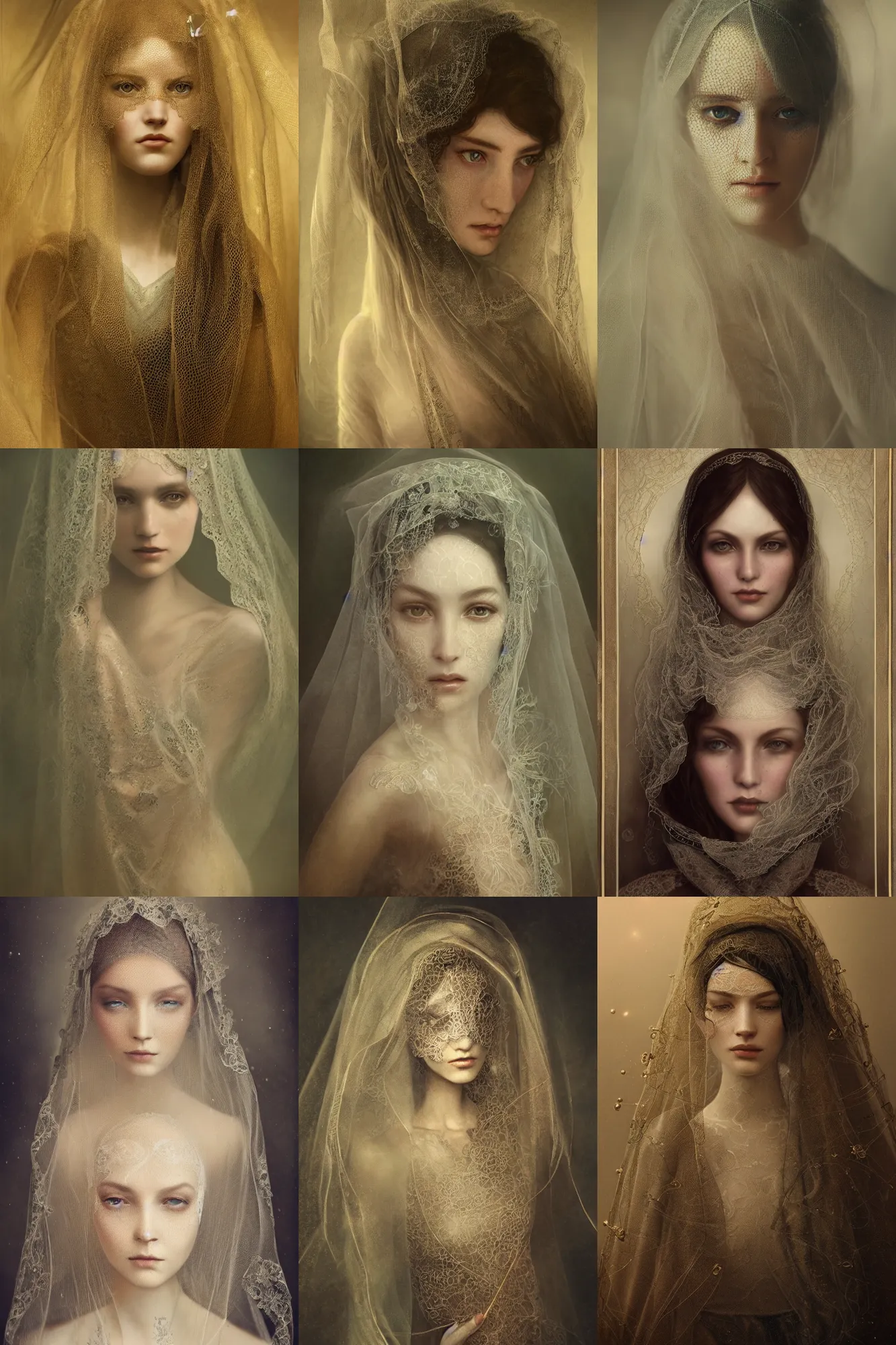 Prompt: a beautiful ultradetailed vintage photo of a veiled cyborg, by tom bagshaw and anna dittman, embroidered lace chapel veil, portrait, vignette, 3 5 mm lens, golden ratio composition, detailed face, studio photography, very detailed, humanoids, industrial robots, artstation, 8 k, highly coherent
