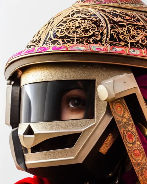 Image similar to centered medium shot fine studio photograph of a beautiful persian girl wearing only a mecha electronic zoroastrian helmet with led lights, ultra-realistic, white background, 8k HDR, intricate detail