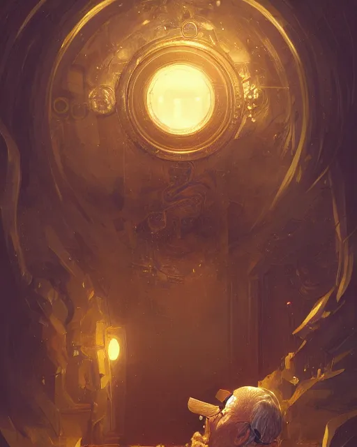 Image similar to An old man looking into a golden mirror, highly detailed, fantasy art, in the style of greg rutkowski, illustration, epic, fantasy, intricate, hyper detailed, artstation, concept art, smooth, sharp focus, ray tracing