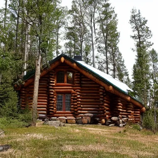 Prompt: log cabin in the forest, mountain behind log cabin, realistic