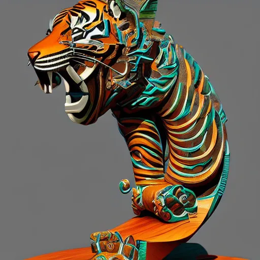 Prompt: coloured sculpture breathtakingly cool beautiful stylised balinese ornate biomechanical tiger, isometric perspective, 8 k artstation