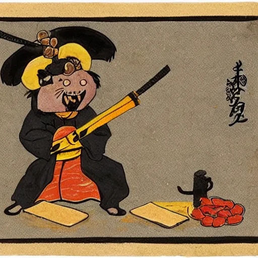 Image similar to Samurai fighting rat sitting on cheese