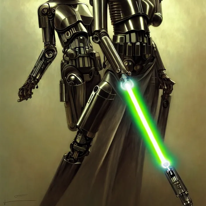 Image similar to organic cyborg, lightsaber held in left hand, diffuse lighting, fantasy, intricate, elegant, highly detailed, lifelike, photorealistic, digital painting, artstation, illustration, concept art, smooth, sharp focus, art by John Collier and Albert Aublet and Krenz Cushart and Artem Demura and Alphonse Mucha