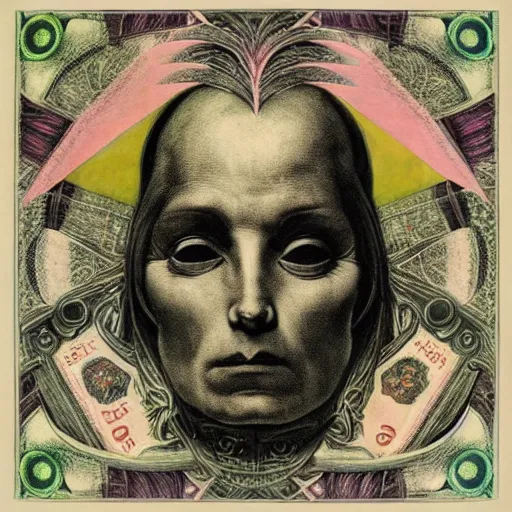 Prompt: post - punk new age album cover, asymmetrical design, dollar bank notes, capitalism, magic, apocalypse, psychedelic, black white pink, magic, giger h. r., giuseppe arcimboldo, peder aalto